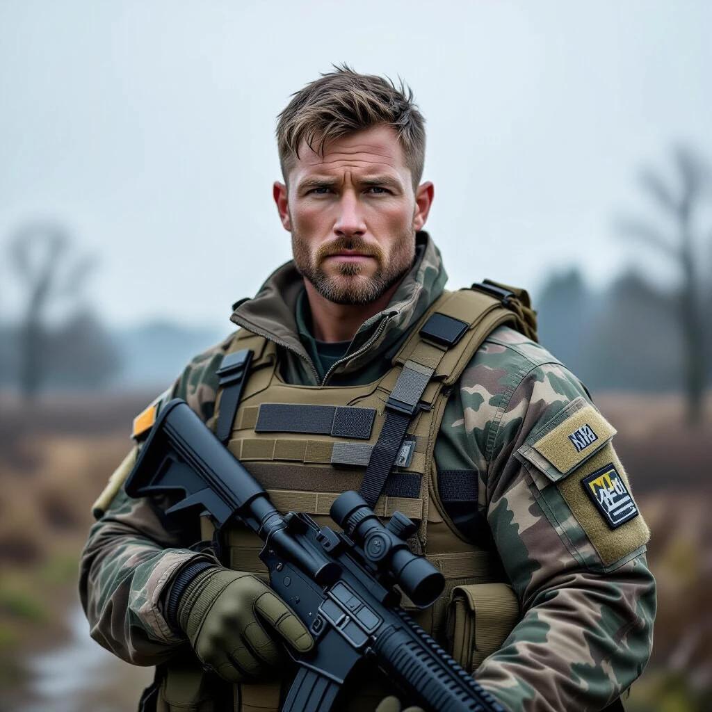 Image of a soldier in tactical gear standing in a natural landscape. Soldier has a determined expression. Background is blurred with soft natural colors. The atmosphere is heavy and introspective due to the subject's backstory.