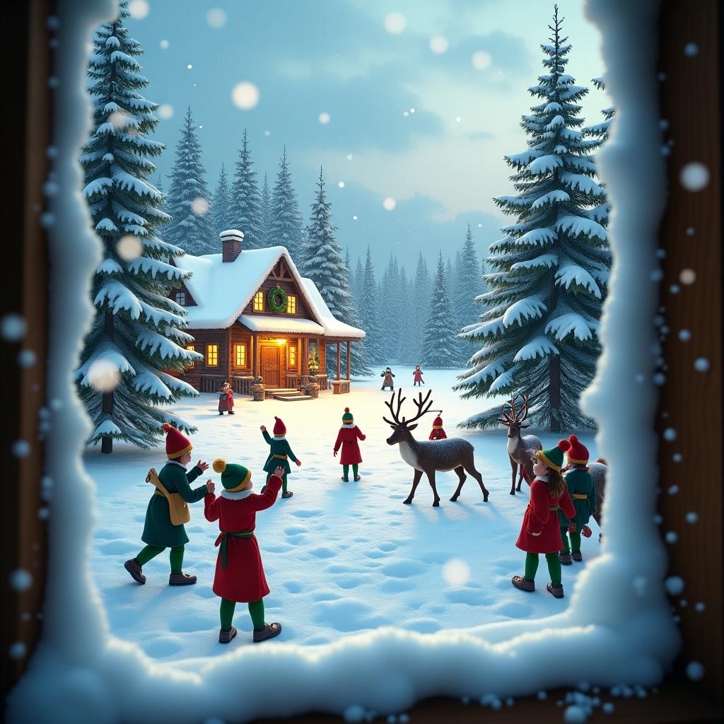 Window view shows a winter scene at the North Pole. Snow covers the ground and trees. Elves and reindeer are busy around a cozy cabin. Magic of Christmas evident with Santa's workshop nearby.