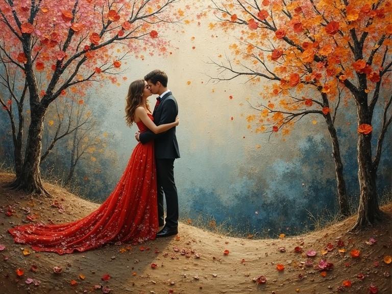 Romantic scene with a couple embracing in an autumn setting. Lush trees with colorful leaves surround them. Textures of oil painting and mixed media create depth. Warm, luminous colors enhance the magical atmosphere.