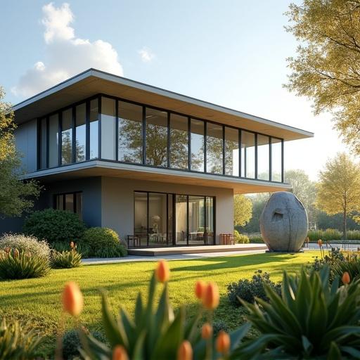 Modern office building features big windows and one floor. No people present. A sculpture is included in the design. Scene set in spring morning. Photorealistic view of building with large garden and flowers in foreground. Composition adheres to rule of thirds.
