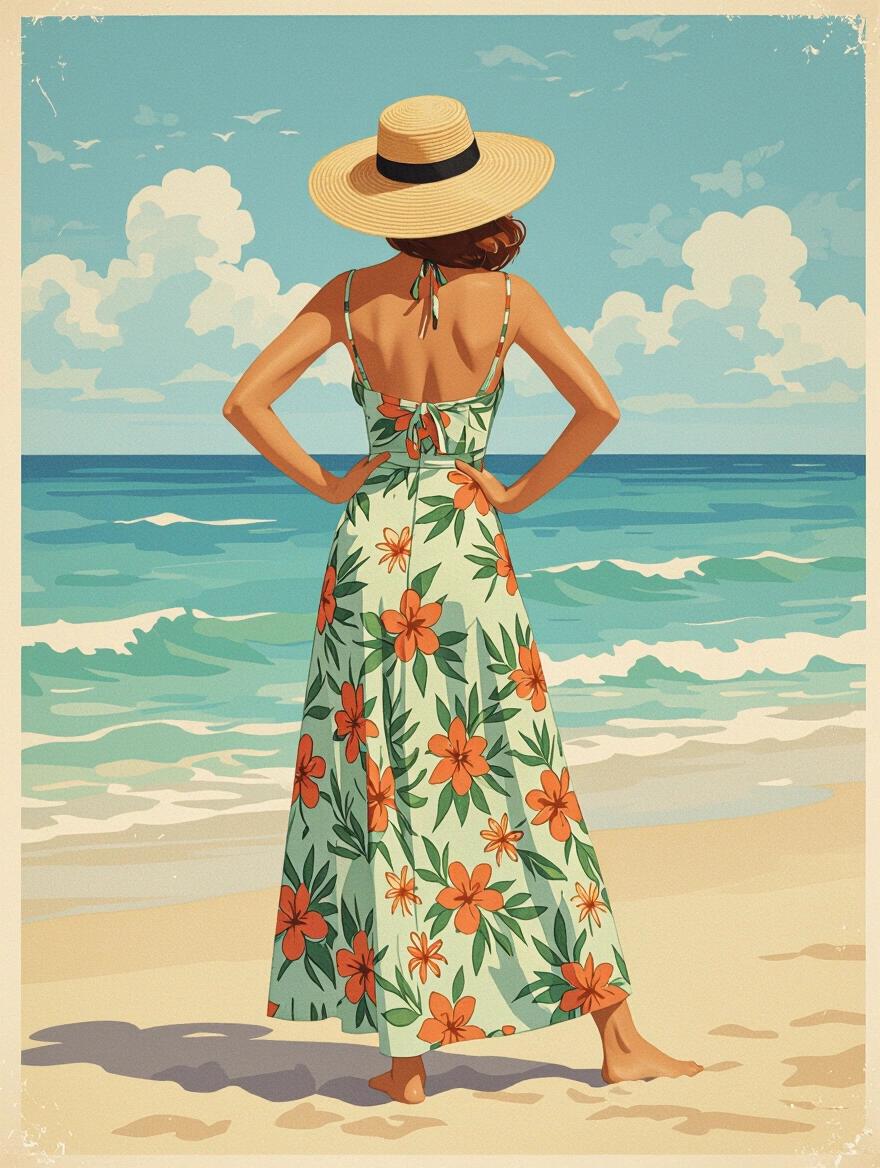 A woman stands on the beach with a view of the ocean. She wears a vintage style floral dress and a sun hat. The background features a bright blue sky and soft clouds.