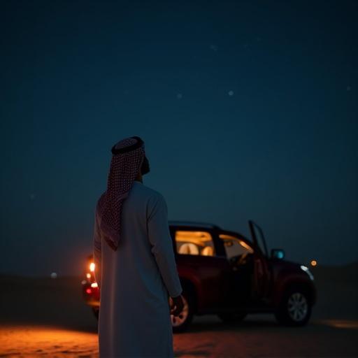 Very realistic scene Emirati man from back standing next to open door of SUV in dark night looking up at sky in middle of desert cinematography cinematic lighting