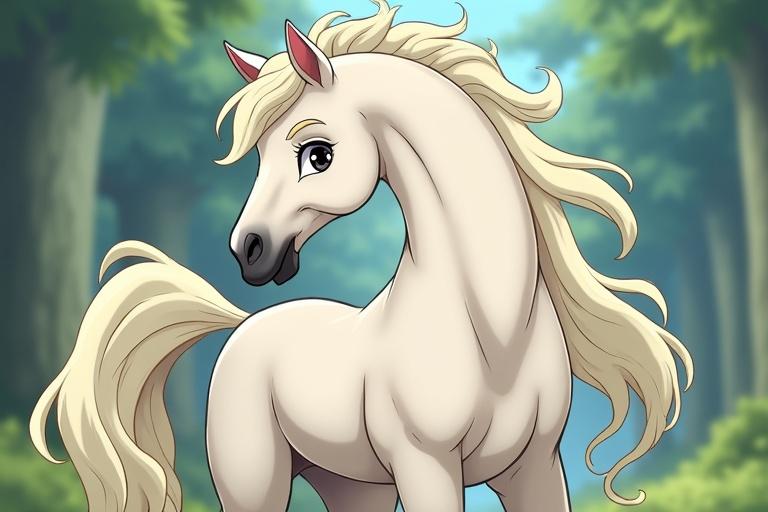 Illustration of a white horse with a light cream mane and tail. Background features lush greenery typical of animated scenes. The horse faces slightly to the side with an elegant posture.