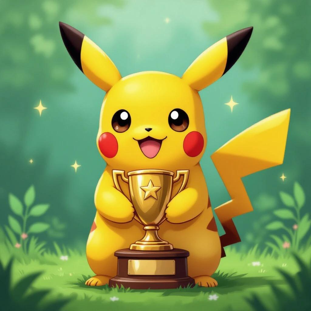 Pikachu holds a trophy. Pikachu appears happy and cheerful. Background features green grass and trees with sparkles. The trophy is golden and represents achievement.