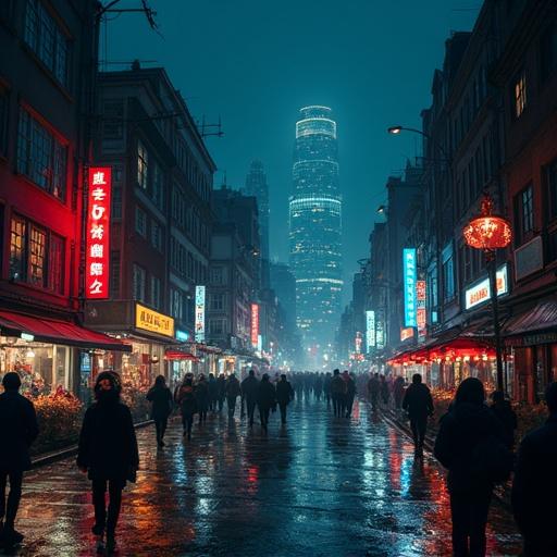Bustling city during night featuring guitarists. Neon lights illuminating streets filled with people. Tall buildings create a dramatic skyline. Reflective wet pavement adds to the atmosphere.