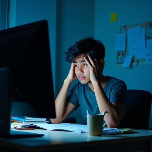 Young Indian student sitting at a desk in a dimly lit room. Facing a computer monitor. Appears confused and stressed. Wearing a casual T-shirt and jeans. One hand on forehead or chin. Desk cluttered with papers and a coffee mug. Wall in the background with sticky notes and a family photo. Blue glow from the monitor lighting the scene.