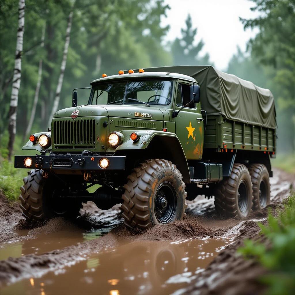 Photorealistic image showcasing a Soviet Zil-157 military truck. Truck covered in olive-green paint and exhibiting rust. Large wheels are navigating through deep mud. Scene highlights motion with mud splattering around the vehicle. Captured with high detail and shallow depth of field.