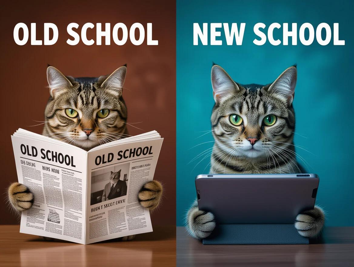 Split-screen image of an elderly cat reading a newspaper on the left and a young cat using a tablet on the right. Text on the left says OLD SCHOOL. Text on the right says NEW SCHOOL. Contrasting colors and lighting. Digital art style. Thought-provoking composition.