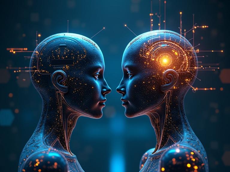 Two humanoid figures representing human and AI. Focus on their heads showcasing technological and neural network features. Glowing accents emphasize collaboration between human and artificial intelligence.