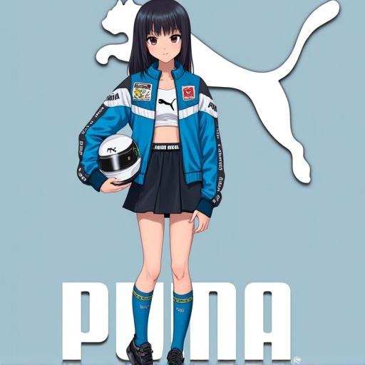 Anime girl stands full height. Dark straight hair. Wearing black skirt with white Puma waistband and white sports bra with black logo. Bright blue racing jacket zipped down showing logos. Holding white racing helmet under left arm. Black sneakers with white elements. Large white Puma logo in the background. Stylized text at the bottom says SPEEDCAT and ОНОВЛЕНА КЛАСИКА.