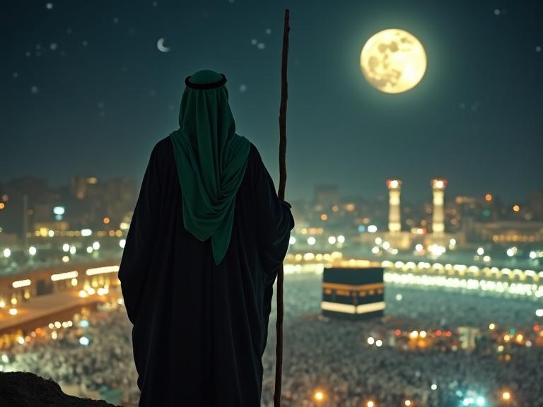 Realistic cinematic night shot of a tall man standing on Mount Hira. Man wears dark Arab abaya and green keffiyeh. A wooden staff in hand. City of Mecca illuminated below. Grand Mosque and Kaaba visible. Night sky with full moon. Peaceful, spiritual atmosphere. Silhouette only.