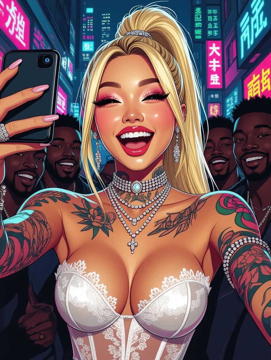Asian model posed in cyberpunk city. Wearing wedding lingerie and bright makeup. Hair styled in high ponytail. Body decorated with tattoos. Expression shows excitement and laughter. Many pieces of jewelry adorn her. Takes selfie in a lively atmosphere filled with city lights.