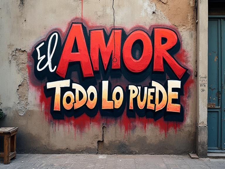 Fotorrealista urbano con pared de ladrillos oscuros y grafitis. Texto 'el amor todo lo puede' en graffiti urbano. Bordes gruesos, sombras pronunciadas, efecto spray, efecto 3D. Iluminación resalta la textura.