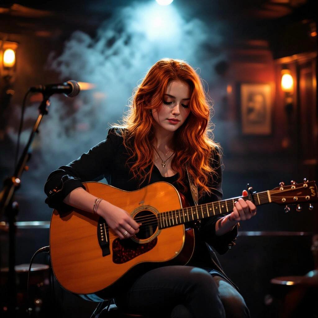 Distant photo of a red-haired girl with an acoustic guitar on a smoky Irish pub stage