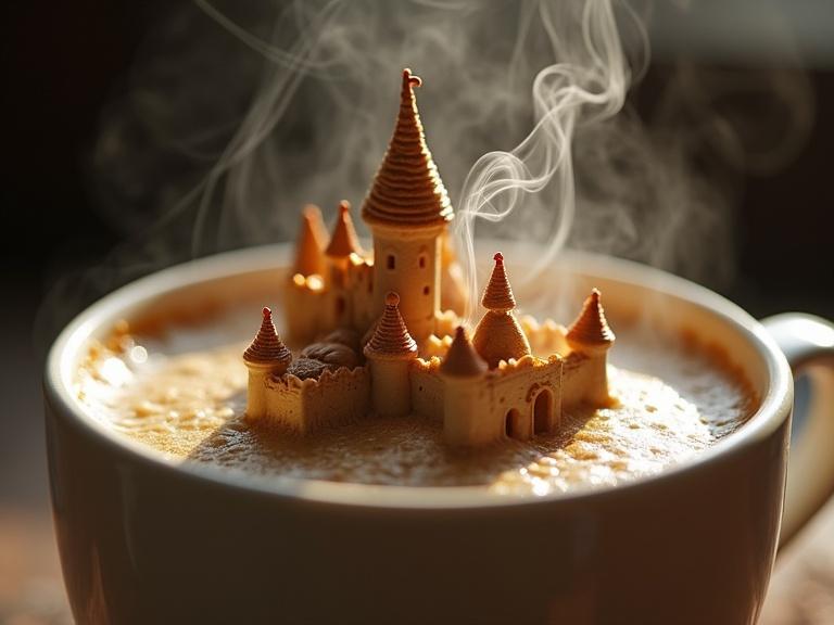 Close-up macro photograph of a mug filled with hot coffee with coffee foam shaped into a detailed castle. Steam rises from the mug, creating a whimsical atmosphere. A fairy figure is formed with the steam. Soft, warm lighting highlights textures.