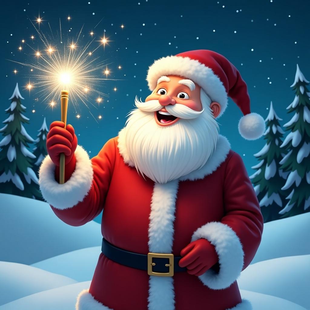 A jolly Santa Claus stands in a snowy landscape, enthusiastically holding a magical wand that radiates sparkling light. He is dressed in a traditional red suit with fluffy white trim and a matching hat. His eyes gleam with delight as he seems to be inscribing 'Archer and Luka' in the sky above him. The enchanting background features a serene snowy scene with tall evergreen trees and a beautiful starry night. The overall vibe is festive and magical, epitomizing the joy of the holiday season.