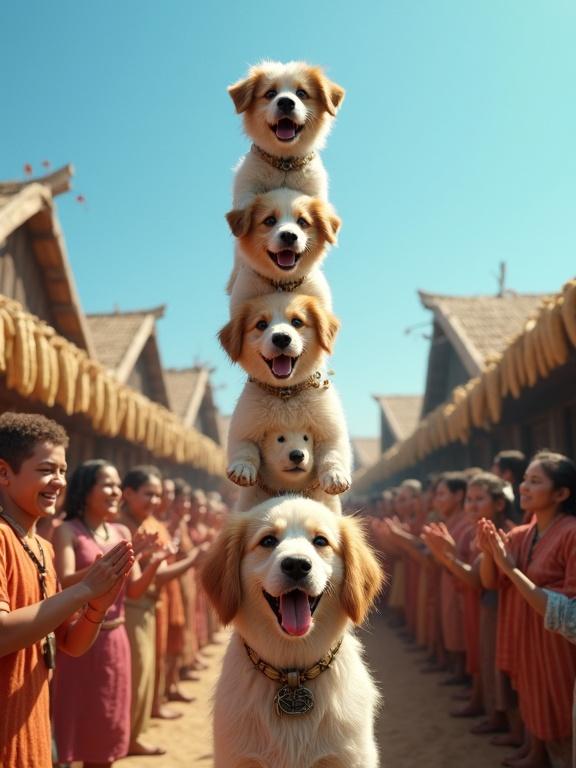 Surreal village celebration scene with joyful villagers clapping in front of traditional houses decorated with dried corn. Stack of six dogs balancing in a tower. Realistic lighting and textures. Clear blue sky.