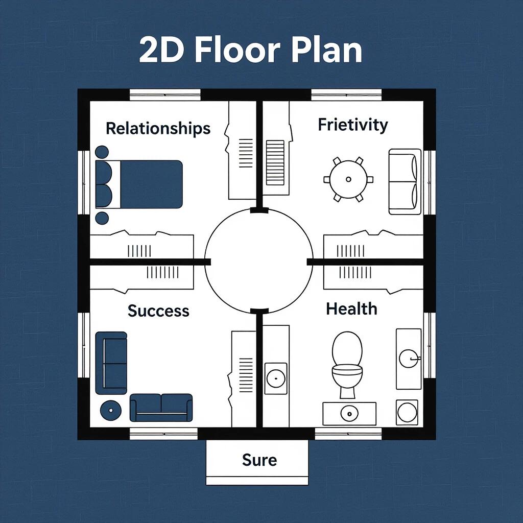 Simple 2D floor plan depicting a house divided into nine areas based on Feng Shui Bagua map. Featured areas include RELATIONSHIPS expanded with two rooms and FRIENDS minimized. Basic furniture illustrated in thin lines. Minimalist layout suitable for book printing, black and white.