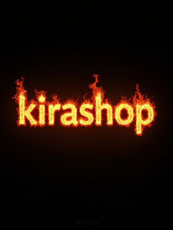 High-resolution image of burning text 'kirashop.com.ua' in a molten typeface made of flames. The colors include orange, red, and yellow with embers and smoke. Text glows against a black background providing high contrast.