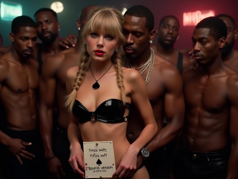 Couple in a nightclub scene. Woman blond with long twintails. Man is a black rapper. Woman in small bikini top, miniskirt, and high heels holding a sign. They are crowded by other men. Full body shot.