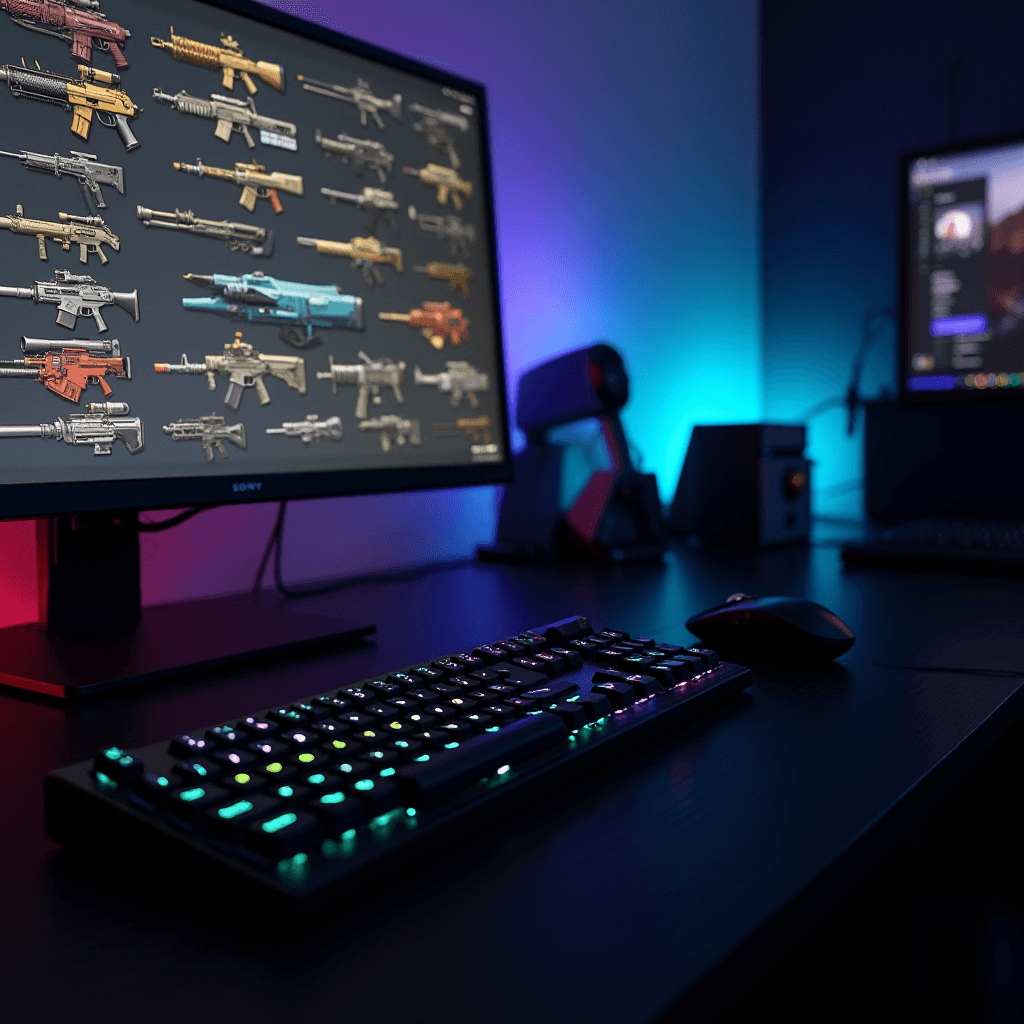 A sleek gaming setup features a monitor displaying virtual weapon skins, with a backlit keyboard and mouse set against a colorful, illuminated backdrop.