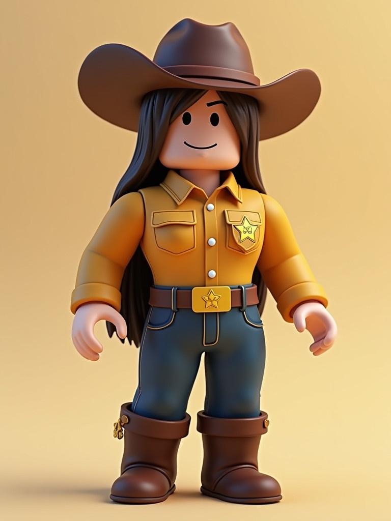 Image of a Roblox-style character. Character has a sheriff uniform. Character is a girl. Character is wearing a cowboy hat.