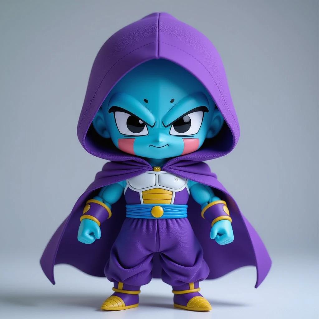 Image of a mysterious toy figure with purple hood. Body resembles Dragon Ball Z character Freeza. Bright colors and unique design attract attention.