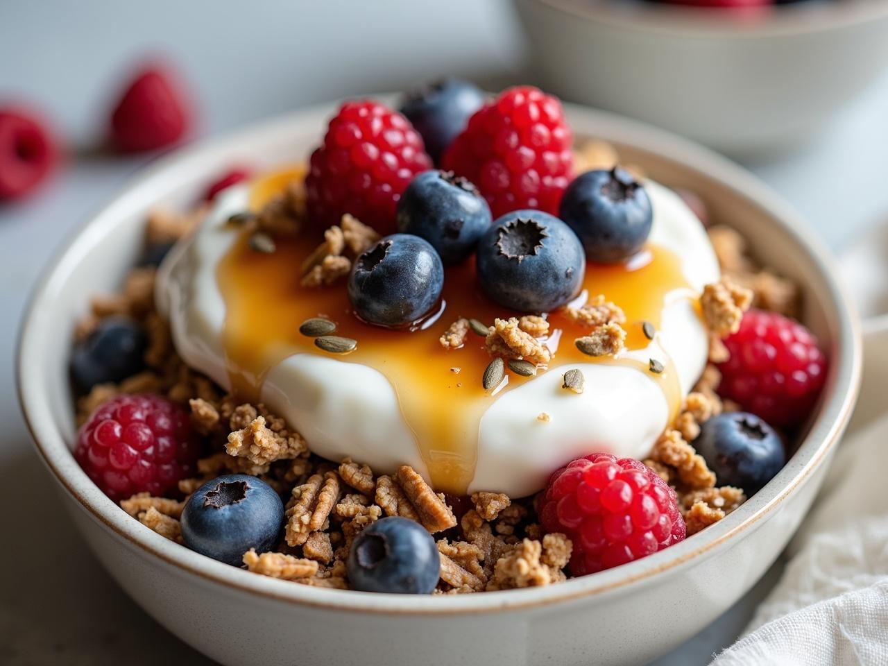 This image features a beautifully arranged bowl of granola topped with creamy yogurt. Mixed berries, including raspberries and blueberries, add vibrant color and freshness. Chia seeds and walnuts are sprinkled on top, enhancing the dish's nutrition and texture. Drizzled honey adds a touch of sweetness, glistening in the soft light. The setting includes a contrasting background that emphasizes the food's visual appeal.