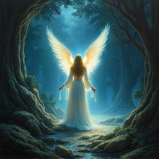 A glowing angel stands in darkness with bright wings illuminating a fantasy landscape of a grotto. The scene blends elements of nature and spirituality, creating a contrast of light and shadow.