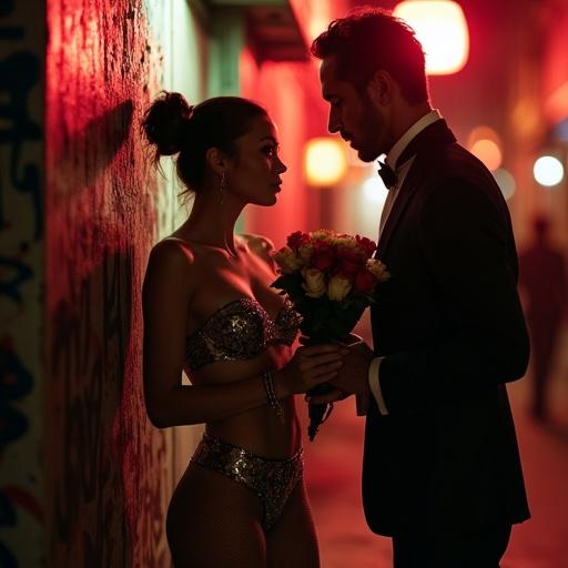 Dimly lit alley with sultry atmosphere. A ladyboy in a torn sequined corset and fishnet stockings leans against a graffiti wall. A rival in a tailored suit approaches, holding wilted roses. Tension builds with fears of past altercations. Shallow depth of field highlights their complex relationship. Distant siren adds to the scene’s tension.