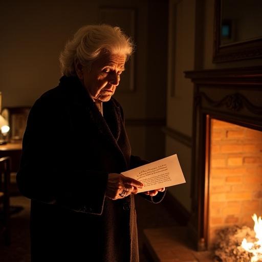 An old woman in a dark coat stands by a fireplace. She holds a folded letter and watches as it burns. Shadows flicker across her face. The setting is a quiet, upscale hotel room during the late evening.