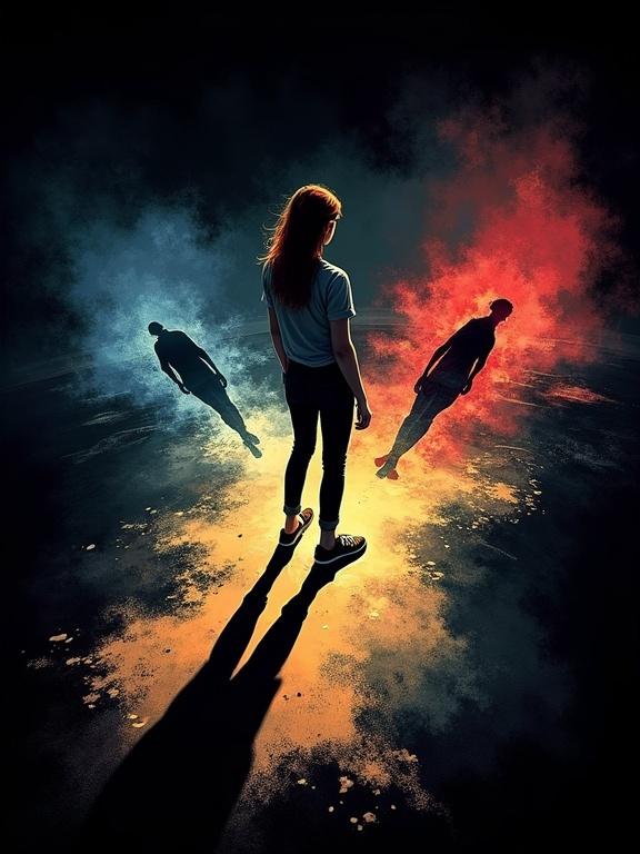 A digital watercolor illustration features a woman in casual attire. She stands in puddles on the ground. Her shadow splits into three silhouettes. Each silhouette displays vivid colors. The image evokes complexity of emotions. A blending of light and dark themes makes a striking effect.