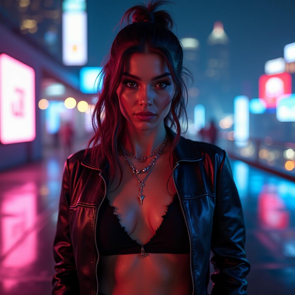 The image captures a woman standing confidently in an urban setting illuminated by vibrant neon lights. Her attire, a black leather jacket over a black top, and her layered jewelry add to the edgy aesthetic. The background features a cityscape with colorful signs and a blurred crowd, enhancing the nighttime ambiance.