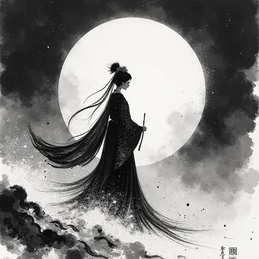 Japanese Taketori Kaguya princess returning to the moon. Use brush stroke sumi techniques in black and white. Illustrate a serene silhouette.