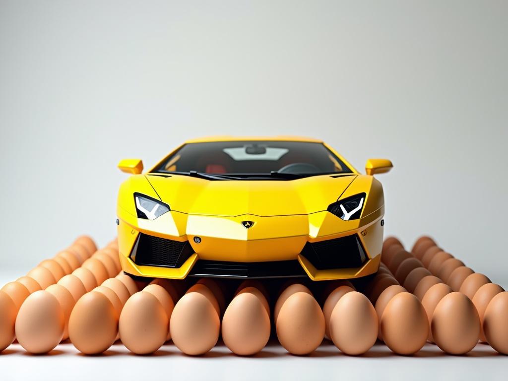 A bright yellow Lamborghini Aventador is balanced on a grid of 57 upright chicken eggs. The car is in the front view, showcasing its design. The eggs are evenly spaced in a clean grid on a flat surface, supporting the car without cracking. The lighting is photorealistic with realistic shadows and a dramatic angle, creating a surreal yet believable image.