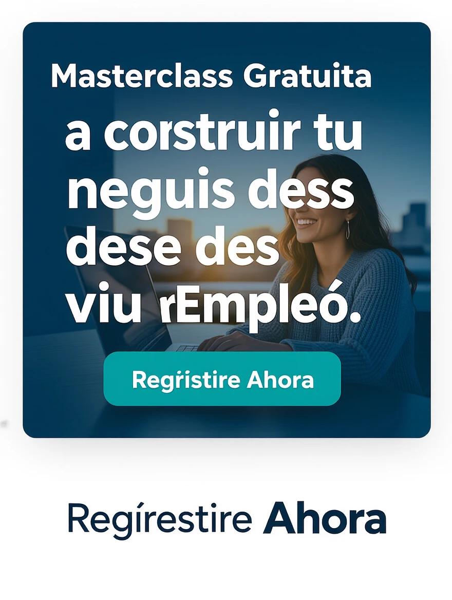 Full-screen promotional slide with large Spanish text promoting a free masterclass. Includes a button for registration. Background shows a blurred portrait of a smiling mother with a laptop, sunlight creates an inviting atmosphere.