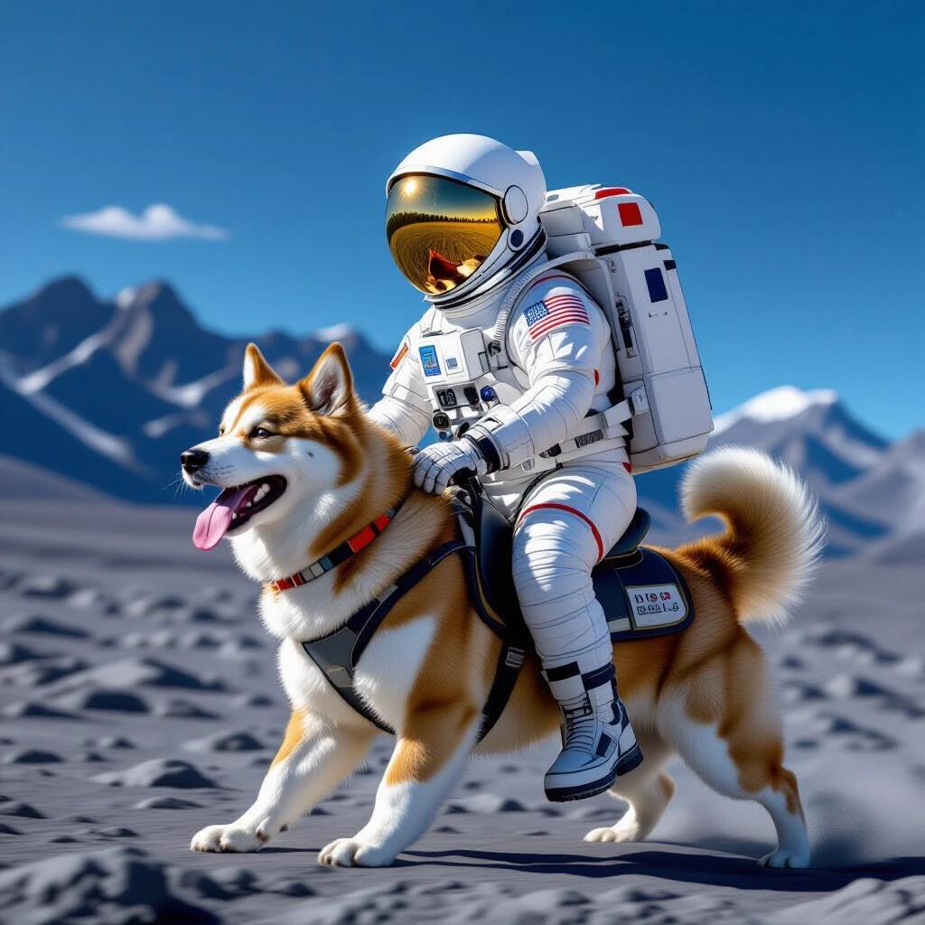 Astronaut riding a dog on a moon-like surface. Space environment with mountains in the background. Bright blue sky and sunny atmosphere. Dog appears happy and energetic. Astronaut in a classic space suit with patches. Moon landscape represents another planet.