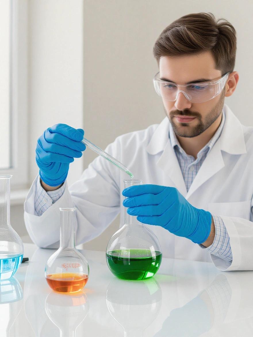Scientist in a lab coat wearing protective goggles and gloves. The scientist is using a pipette to transfer liquid into a flask. Multiple flasks with different colored liquids on the table.