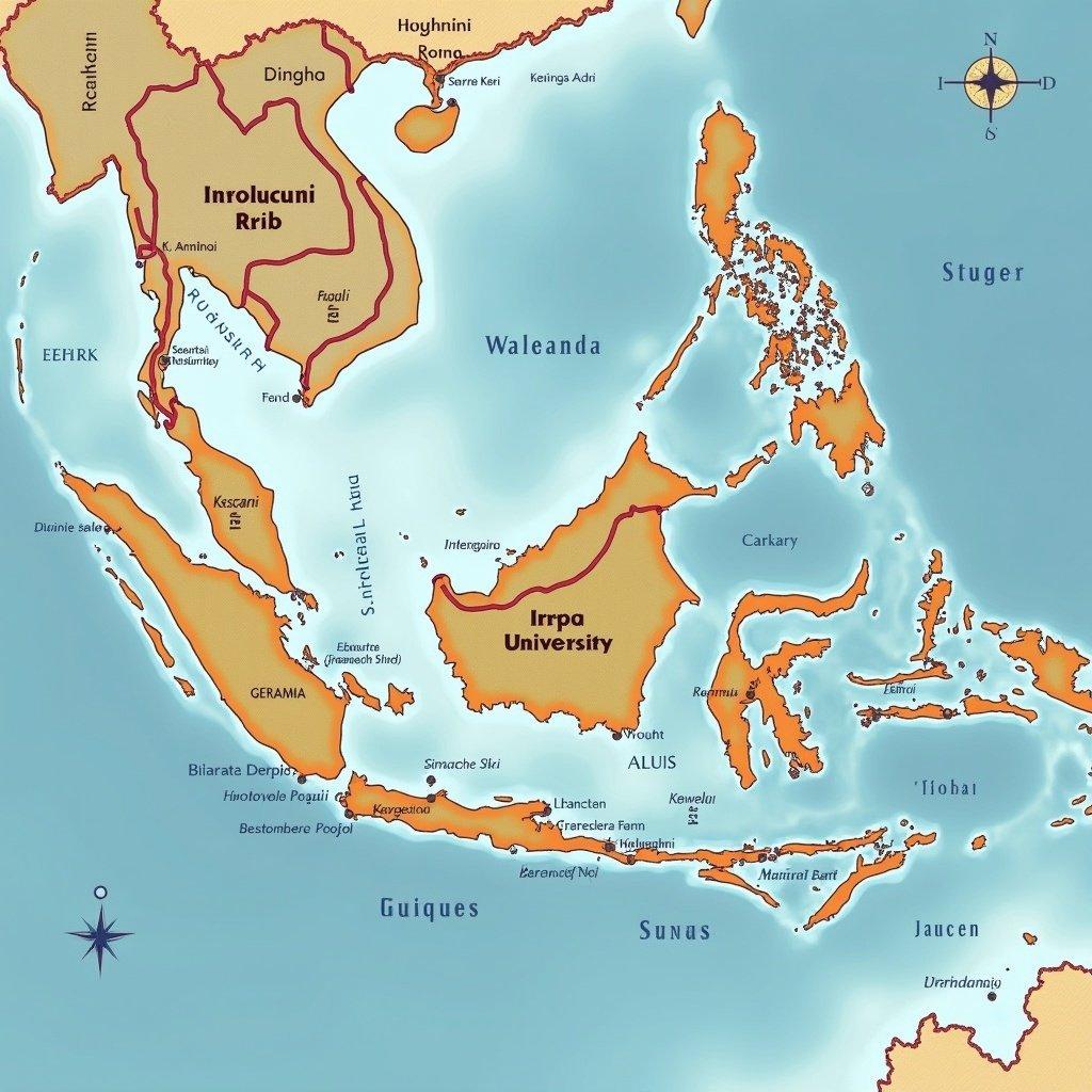 Map illustrating major Islamic universities in Indonesia. Highlights university locations and surrounding geographical features. Includes labels and directional compass for navigation.