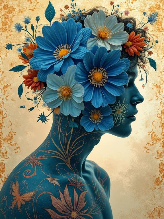 Double exposure featuring a male figure with a bouquet of vibrant blue flowers and coral orange accents. Art Nouveau style with intricate floral patterns and decorative swirling background in contrasting colors. Detailed body art and a dreamy atmosphere. High resolution with sense of sparkling vibrancy.