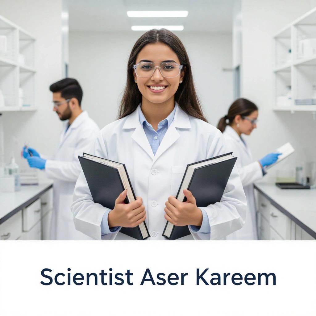 A student wearing a white coat in a lab holding books with a background of people in lab coats at work.