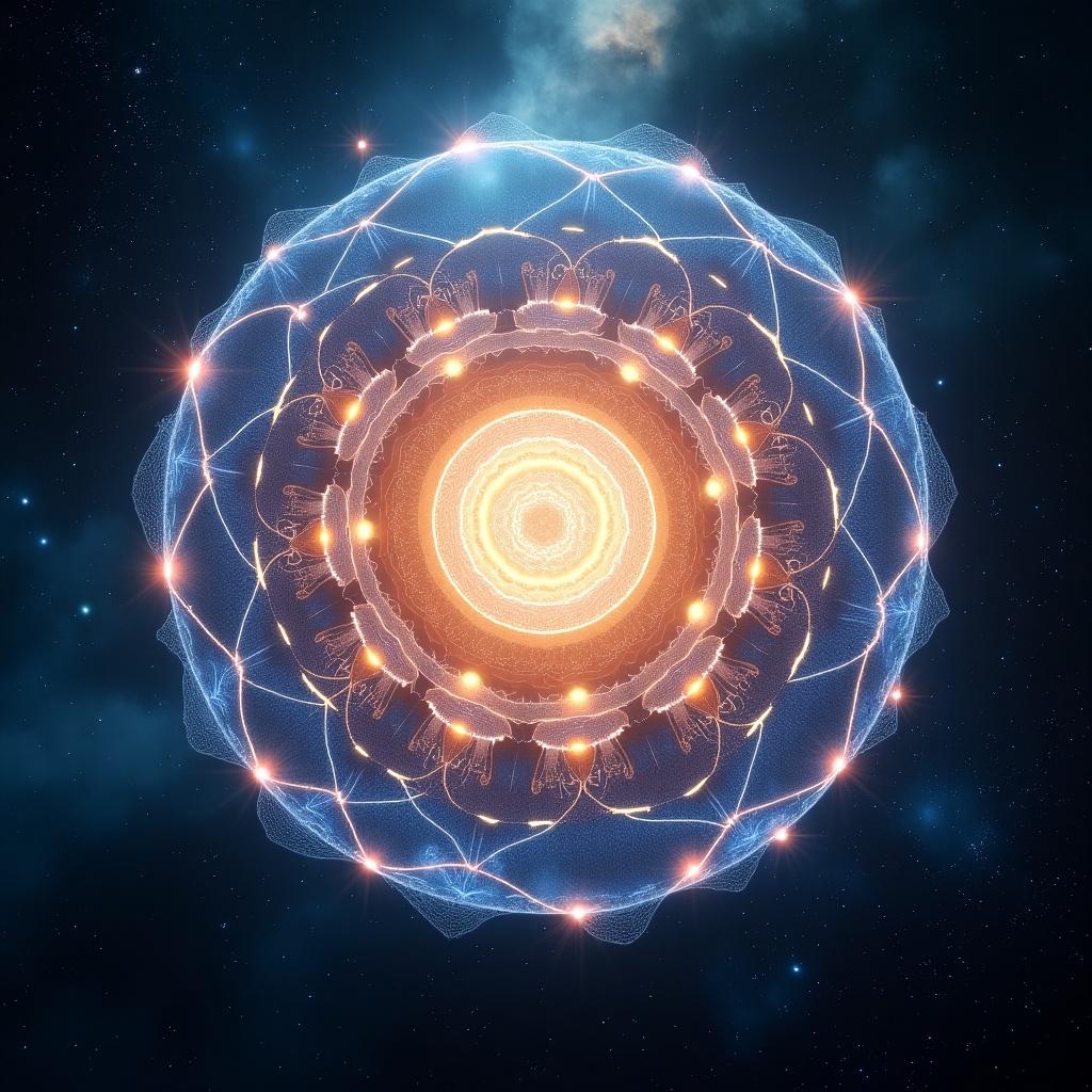 Ultra-high resolution visualization of an advanced quantum defense shield. The shield surrounds a glowing figure in deep space. Ethereal energy patterns and intricate geometries are depicted. The structure conveys cosmic connectivity and spiritual transcendence. Lighting creates a sense of safety and empowerment.