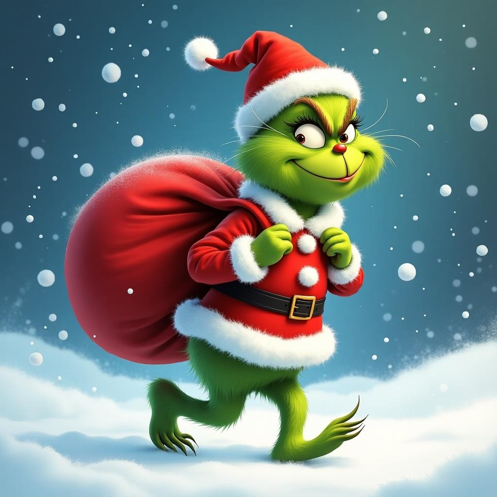 The Grinch in a Santa outfit walks in snow carrying a Santa sack. Snowflakes fall in a festive scene. Green fur contrasts with the red outfit.