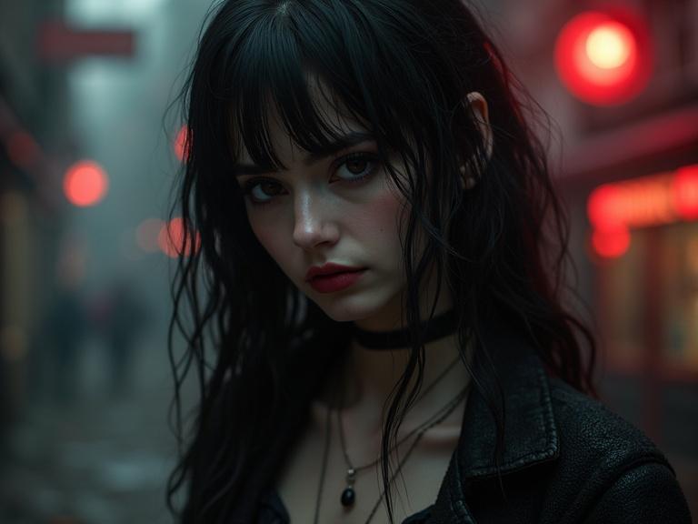 A gothic urban setting with a female figure. The figure has dark hair and wears gothic attire. The atmosphere is thick with mist and illuminated by red lights. The backdrop features an alleyway reflecting an urban fantasy theme. The overall mood is mysterious and alluring.