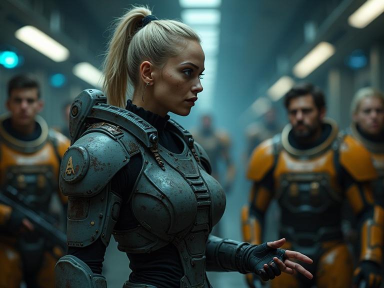 Dramatic depiction of a blonde woman in a tactical suit engaging with four space marines in a dimly lit Starcraft base. High ponytail, determined expression. The setting features steel and concrete, with holographic displays and machinery. Scene evokes gritty realism in a science fiction aesthetic.