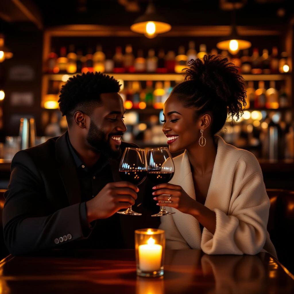 Couple enjoys wine at a dimly lit bar. Candles illuminate faces. Background with a stocked bar. Mood is romantic and intimate. Couple radiates happiness and connection.