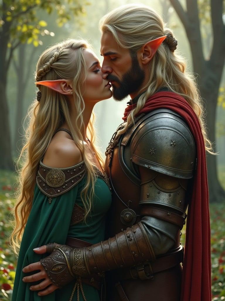 Elf girl in green dress kisses male warrior in armor. Medieval fantasy setting is in a magical forest with soft light. Characters express deep emotion.