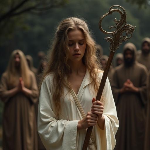 A woman with long hair in a white robe is holding a wooden and metal staff with a metallic wreath at the top. She looks down, embodying a sense of prayer or meditation. In the background, more figures in similar robes create a mysterious and ceremonial atmosphere. The scene is dark with soft lighting from below.