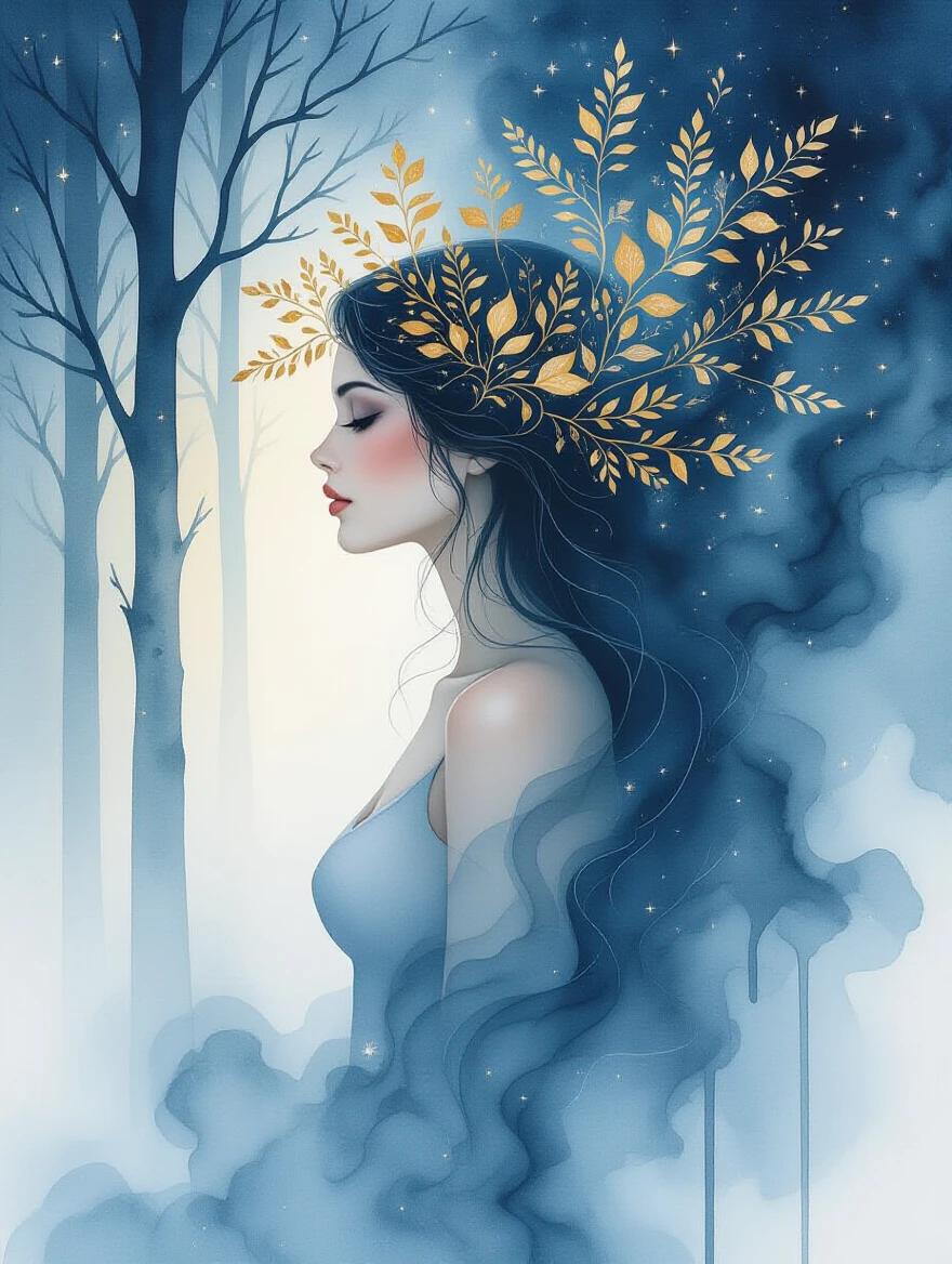 Surreal watercolor and mixed-media painting shows a woman in profile Her form blends with a misty forest backdrop Soft blues and grays dissolve into tree trunks Delicate golden leaves create an ethereal crown around her head Bare tree silhouettes rise behind her Long hair flows upwards merging with a deep navy night sky filled with stars Fluid gradients and fine lines enhance the dreamlike atmosphere