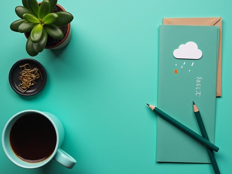 Top-down view of a teal-green desktop arrangement. Teal mug with dark liquid is left of the frame. Small potted plant with dark green leaves next to mug. Round black dish above mug contains gold-colored paperclips. On the right side, overlapping folded teal card with weather display shows cloud with rain and temperature 25°. Two green pencils near the card.